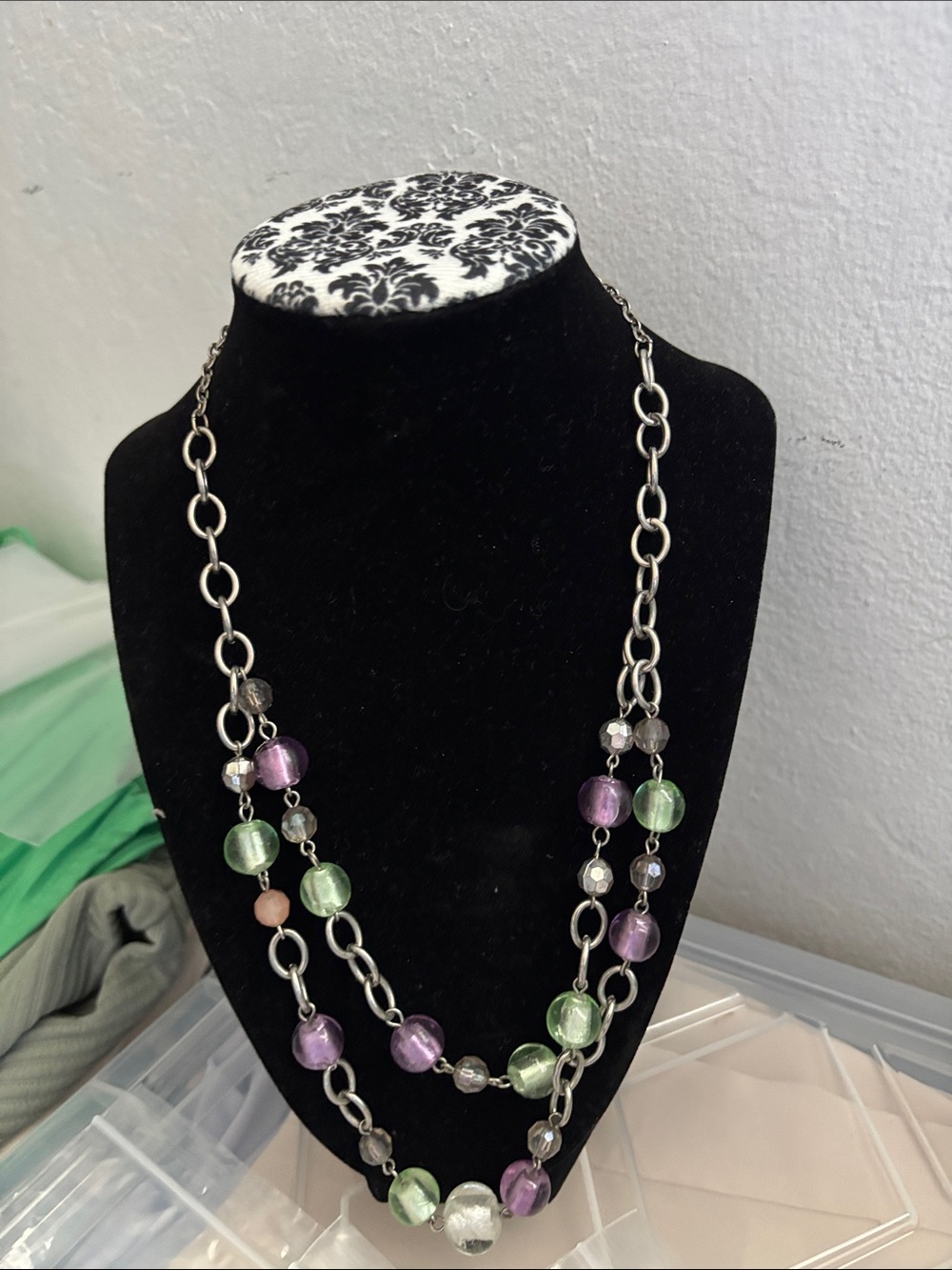 Multi-Strand Purple & Green Beaded Chain Necklace